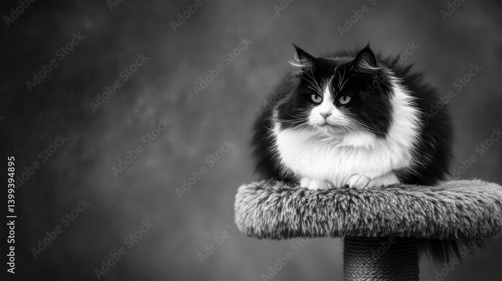 Poster a chubby black-and-white cat perched on top of a cat tree, looking down with a regal expression, its