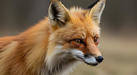 Fototapeta premium Beautiful Red Fox captured in a profile portrait, showcasing its vibrant orange fur and attentive gaze in its natural environment.