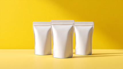 Three blank white stand up pouches on a yellow background with soft shadows and bright lighting