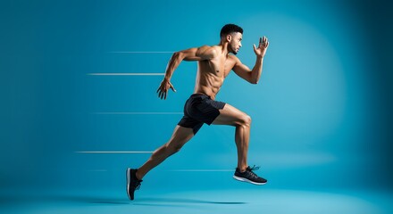 Athlete Sprinting with Motion Blur on Blue Background Speed and Motion Concept with Male Sprinter   Fit Runner Sprinting for Fitness and Endurance 