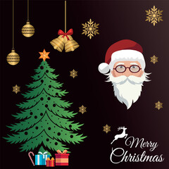 A festive Christmas illustration featuring a decorated tree, Santa's face, presents, bells, and snowflakes against a dark background. The text "Merry Christmas" is written at the bottom.