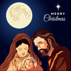 An illustration of the Holy Family — Mary, Joseph, and Baby Jesus — under a bright full moon with the text "Merry Christmas." A peaceful and spiritual depiction of the birth of Christ.