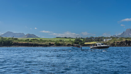 Tourist motorboats in the blue ocean. The backs and dorsal fins of dolphins are visible above the...