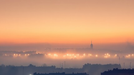 Naklejka premium Glowing orange horizon city skyline urban landscape twilight panoramic view atmospheric illumination