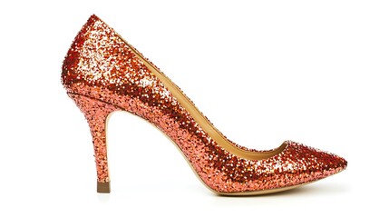 Pair of orange glittery high heels with a pointed toe