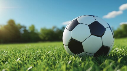 Fototapeta premium A close-up of a football resting on a grassy field, with detailed stitching and texture visible, ready for a game under a bright, sunny sky.