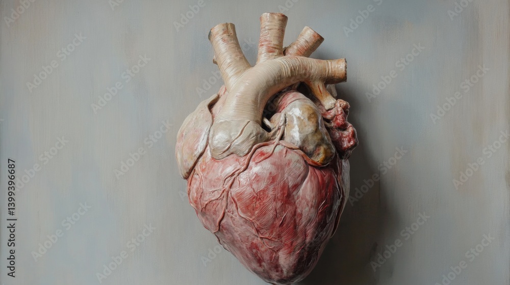 Poster A close-up of a healthy human heart model with detailed anatomical features, set against a neutral background to emphasize its structure and function.