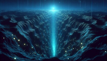 Depth – A deep ocean trench glowing with bioluminescent light