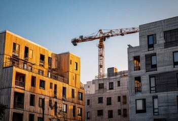 Construction Crane Above Modern Buildings in Urban Cityscape at Sunset