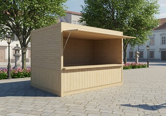 Wooden Market Stall on Cobblestone Street in a Public Square