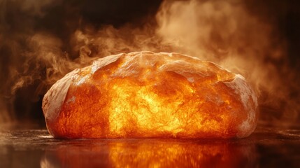 A close-up of a perfectly baked bread loaf with a crackling crust, showing the golden-brown exterior and the steam rising from the freshly baked bread.