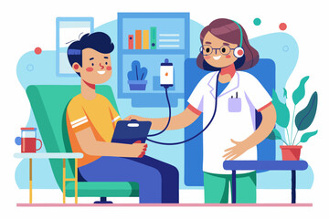 Vector image of a healthcare professional taking a patient's blood pressure in a clinical setting