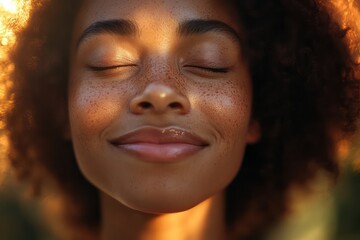 Closeup person peaceful face golden light