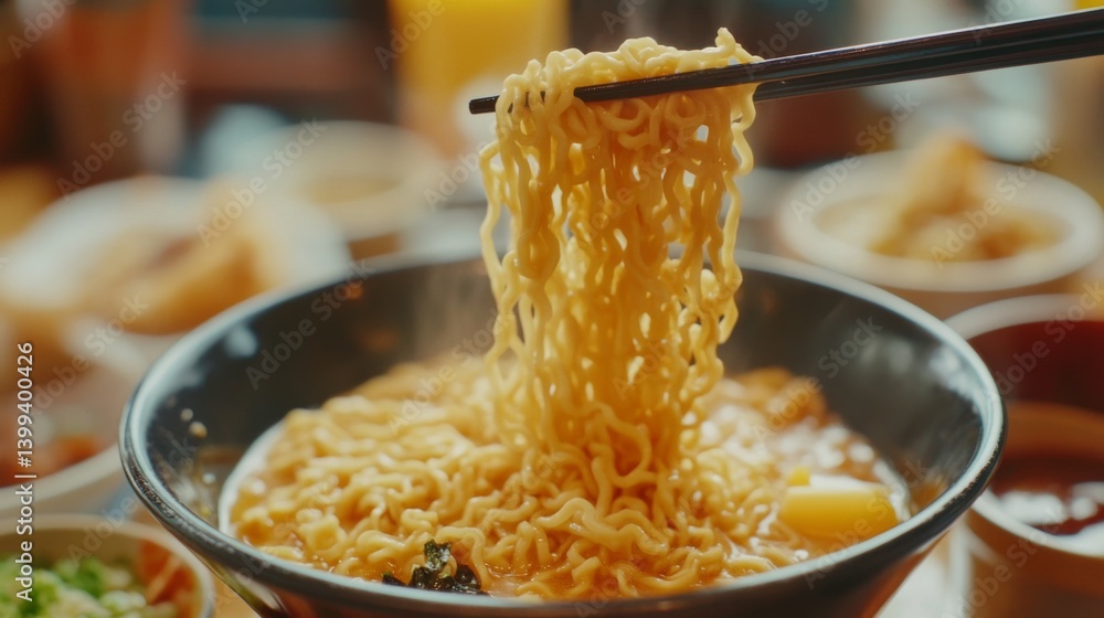 Poster a close-up of instant noodles being lifted from a bowl with chopsticks, with a background of a neatl