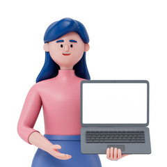 A woman stands holding a laptop with a blank screen, symbolizing the presentation of information or the readiness to engage in digital work. 3D rendering, conceptual image. Isolated on white backgroun