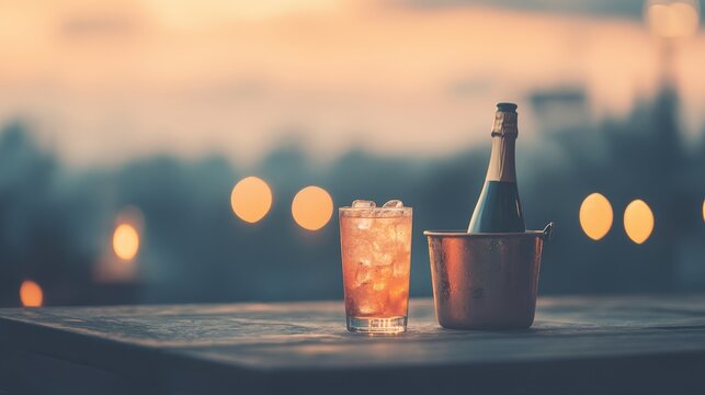Chilling luxury drinks in an ice bucket at dusk outdoor gathering beverage showcase elegant ambiance indulgent experience