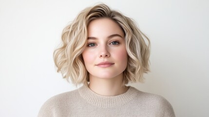 Naklejka premium A young woman with short blonde hair looking directly at the camera, wearing a beige sweater, minimalist white background, and portrait photography.