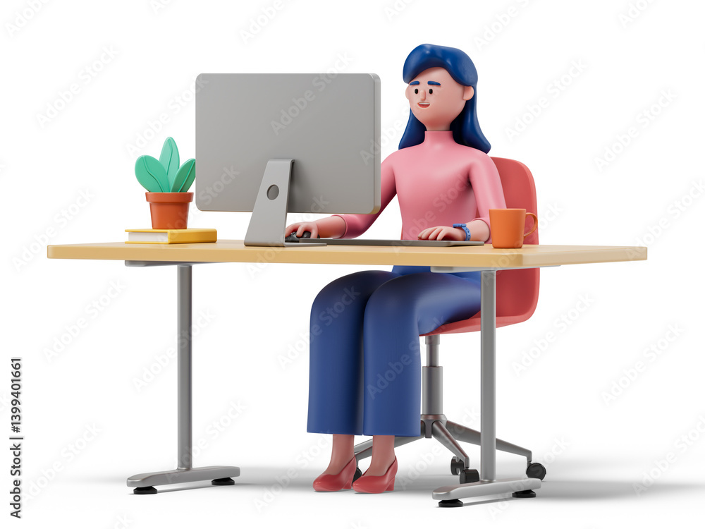Poster a woman is seated at a desk with a laptop, symbolizing a typical office environment and the daily wo