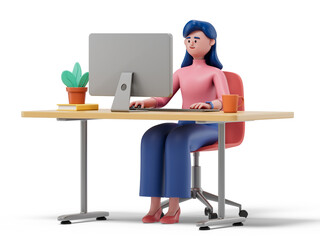 A woman is seated at a desk with a laptop, symbolizing a typical office environment and the daily work routine. 3D rendering, conceptual image. Isolated on white background.