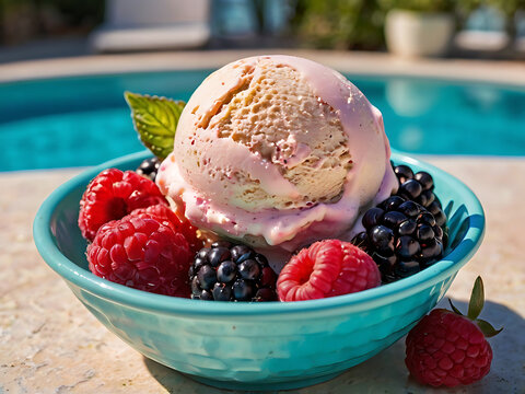 Delicious scoop of ice cream with fresh berries by the pool - Powered by Adobe