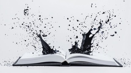Black ink splashes emerge from an open book creating a striking visual effect in a minimalist setting