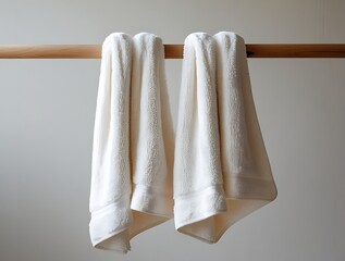 Fresh fluffy white towels folded and hanging in a modern bathroom interior, evoking cleanliness, comfort, and simplicity.


