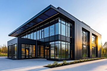 Obraz premium Modern office building with solar panels at sunset showcasing sustainable architecture
