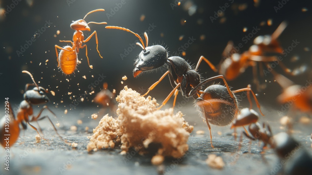 Poster A detailed image of ants crawling on a crumb of food on a kitchen counter, capturing their movement and interaction with the environment.