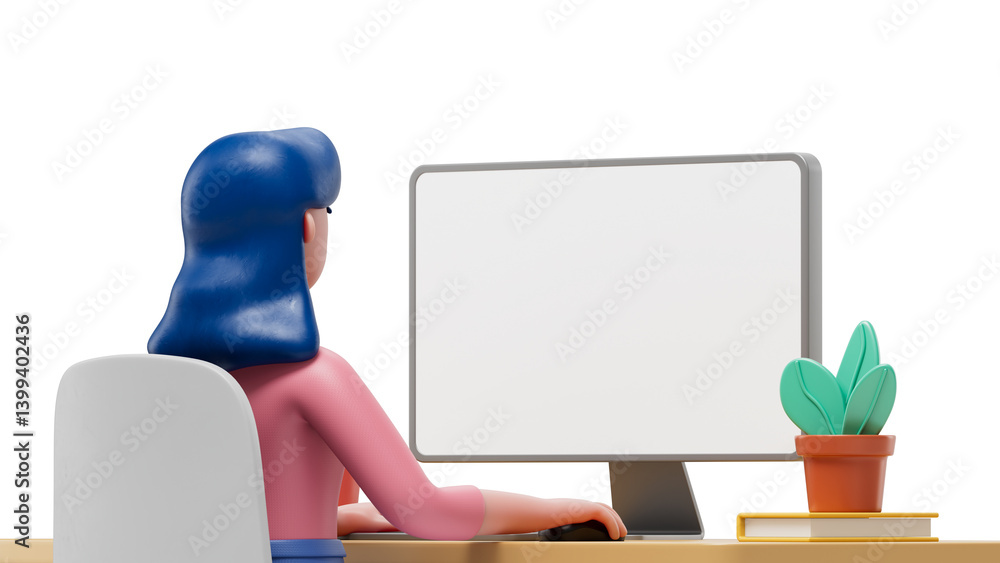 Fototapete a woman sits at a desk facing away from the viewer, working on a computer with a blank screen, symbo