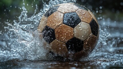 Naklejka premium Wet soccer ball splashing in water.