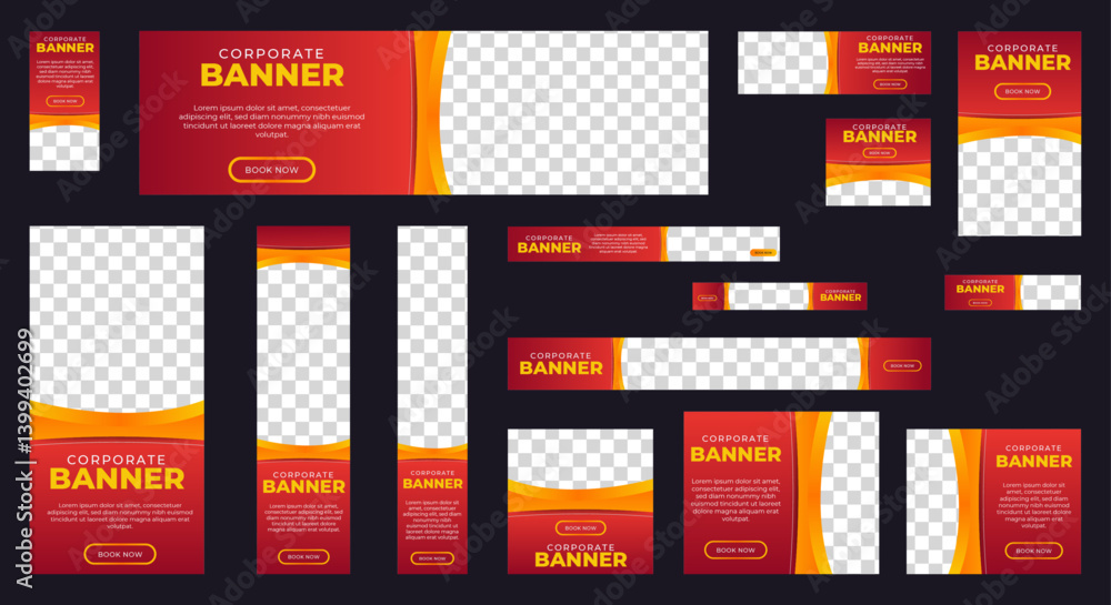 Poster an elegant business web banner template featuring a red background, complete with an image placehold