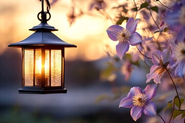 Hanging lantern illuminating purple clematis flowers at sunset