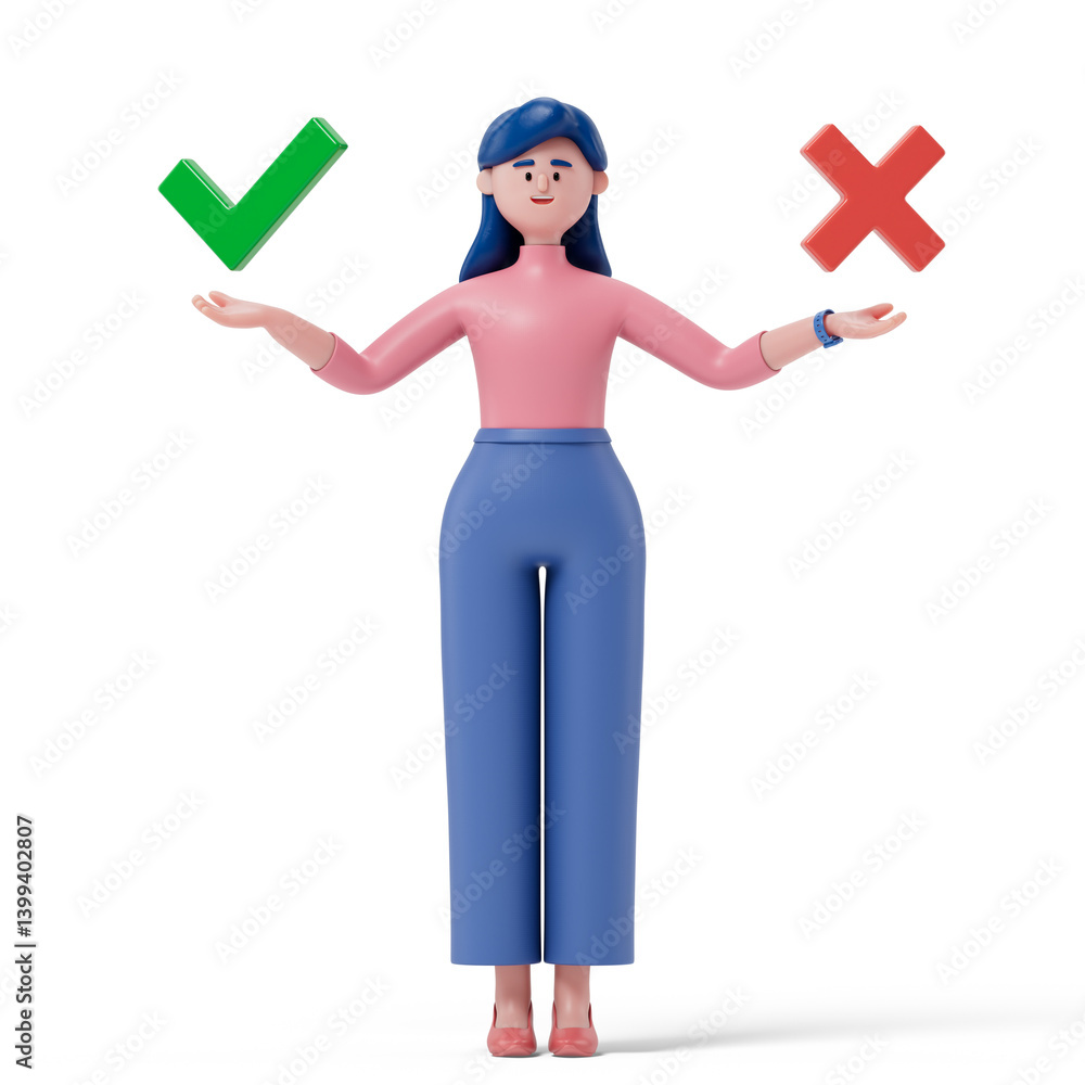 Aufkleber a woman holds a green checkmark in his right hand and a red cross in his left, symbolizing the conce