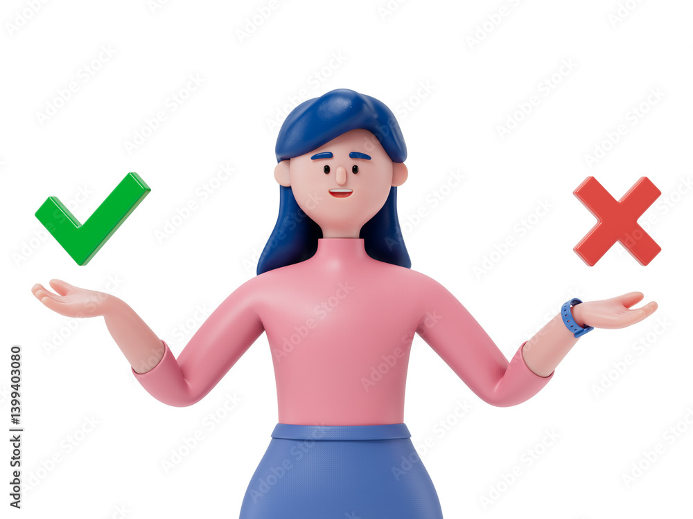 Aufkleber a woman holds a green checkmark in his right hand and a red cross in his left, symbolizing the conce