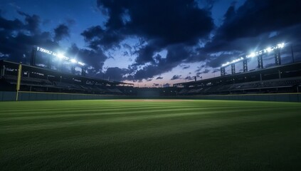 Empty baseball field at twilight, dramatic lighting