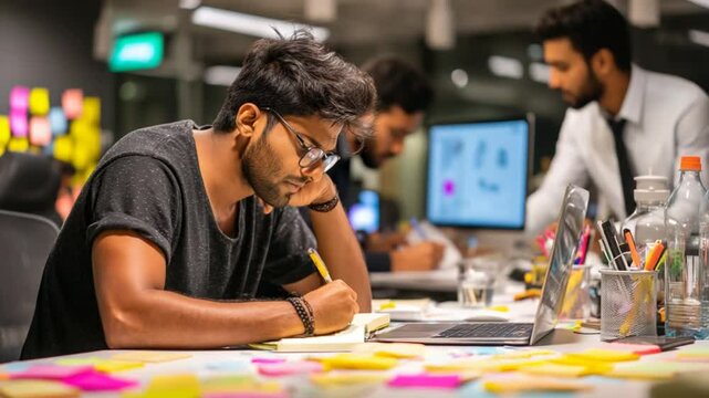 Busy Multi Ethnic Indian Businessman Working Diligently at Office Desk Generative AI