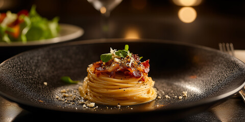 Eine Gourmet-Pr&auml;sentation von Spaghetti alla Carbonara auf einem eleganten, dunklen Teller. Die Pasta ist elegant gedreht, mit knusprigem Pancetta und einer reichhaltigen, gl&auml;nzenden K&auml;sesauce garnier