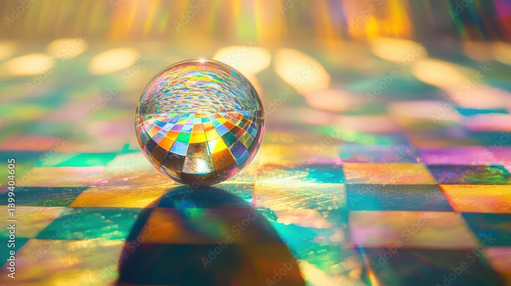 Poster reflective sphere casting colorful light patterns.