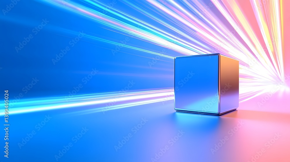 Poster a reflective cube with colorful light trails on a gradient background