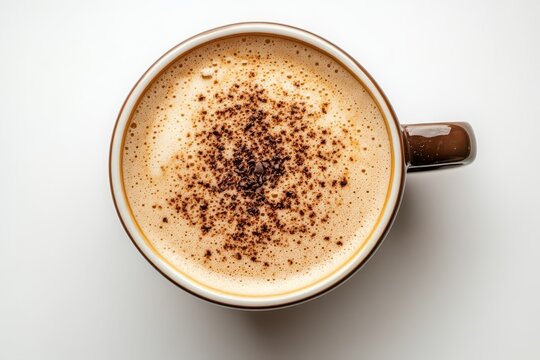Cappuccino with cocoa powder, top view on white background