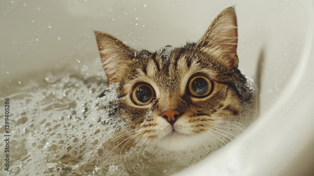 Poster A dynamic shot of a cat's first bath experience, with a mix of curiosity and apprehension as it explores the bath environment, capturing the learning process.