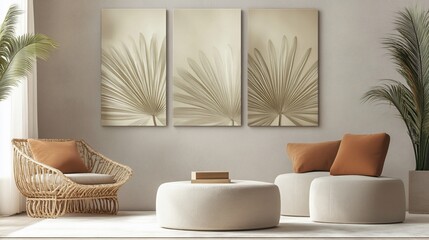 Contemporary Living Room Interior with Minimalist Decor and Palm Leaf Art