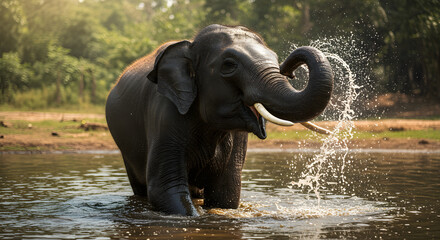 African Elephant enjoying a refreshing bath, spraying water high in the air with its trunk in a muddy pool.