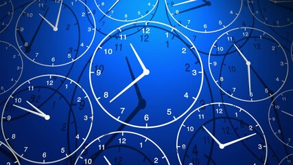 Multiple watch clocks animated on a blue background, representing time management, scheduling, or productivity concepts in a dynamic visual style - Powered by Adobe