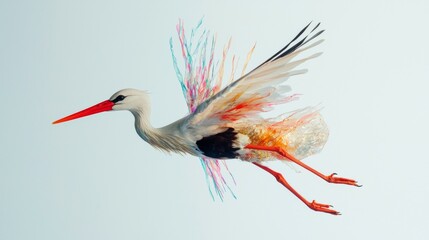 Obraz premium Stork flying with vibrant colorful feathers against a light background during a bright day