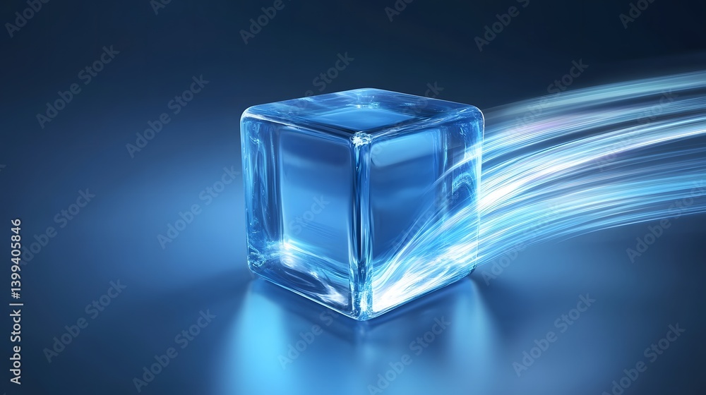 Poster a translucent blue cube with light streaks passing through it