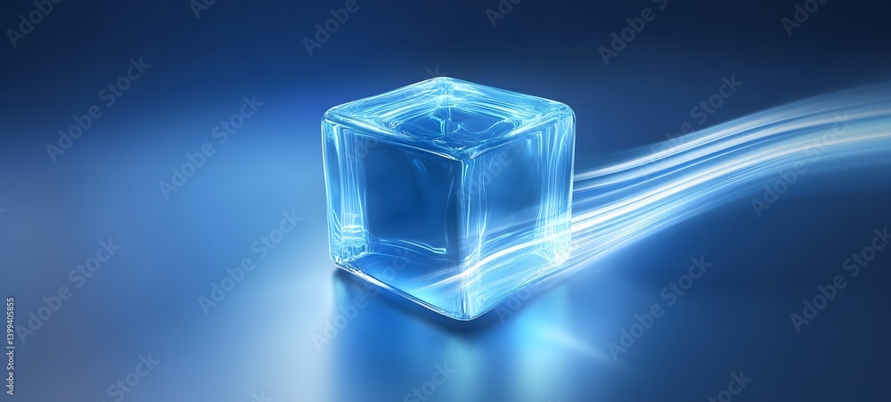 Poster a translucent blue cube with light trails on a gradient background