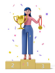woman on a podium with a trophy and medal, symbolizing victory and achievement. 3D rendering, conceptual image. Isolated on white background.