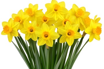 Obraz premium Yellow Daffodils bunch isolated on white, springtime bloom for a floral decoration or greeting card