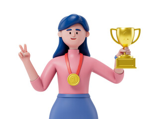 woman with a gold medal and trophy, symbolizing victory and achievement. 3D rendering, conceptual image. Isolated on white background.